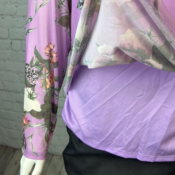 Love, Fire Purple Floral Mesh Overlay Long Sleeve Top Plus Size 3X - Picture 6 of 6